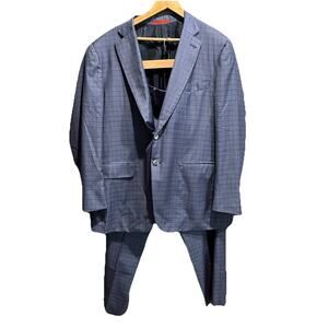 Isaia Napoli Blue Check 100% Wool Base Gregory Men's 2 Pc Suit Size 58 Drop 8R